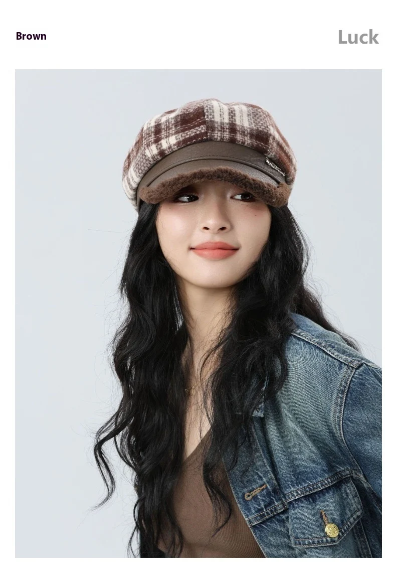 Title 5, Retro Plaid Octagonal Hat Thick Stitching Leath...