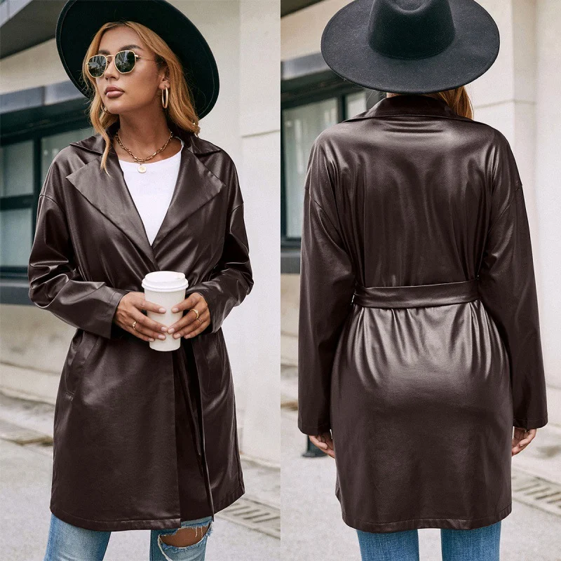 Mid-length Leather Western-lace Slim Long-sleeved Trench Coat offering stylish protection and a flattering fit — photo 1
