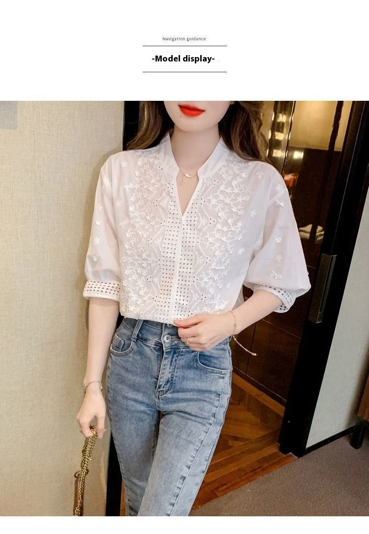 Title 8, Hollow Out Embroidered Stand Collar Shirt Fashi...