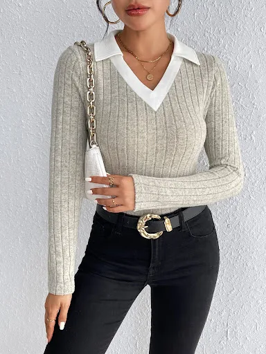 Title 6, Womens Fashion Simple Knit Bottoming Shirt Ver...