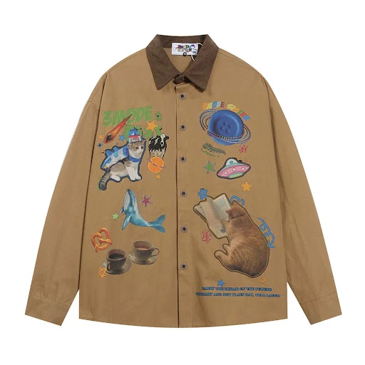 Title 7, Cartoon Printed Casual Long-sleeved Shirt for E...