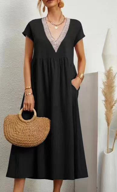 Title 5, European And American Solid Color Lace V-neck S...