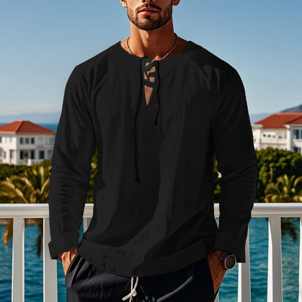 Title 19, Camisa de praia masculina de algodão e linho de...
