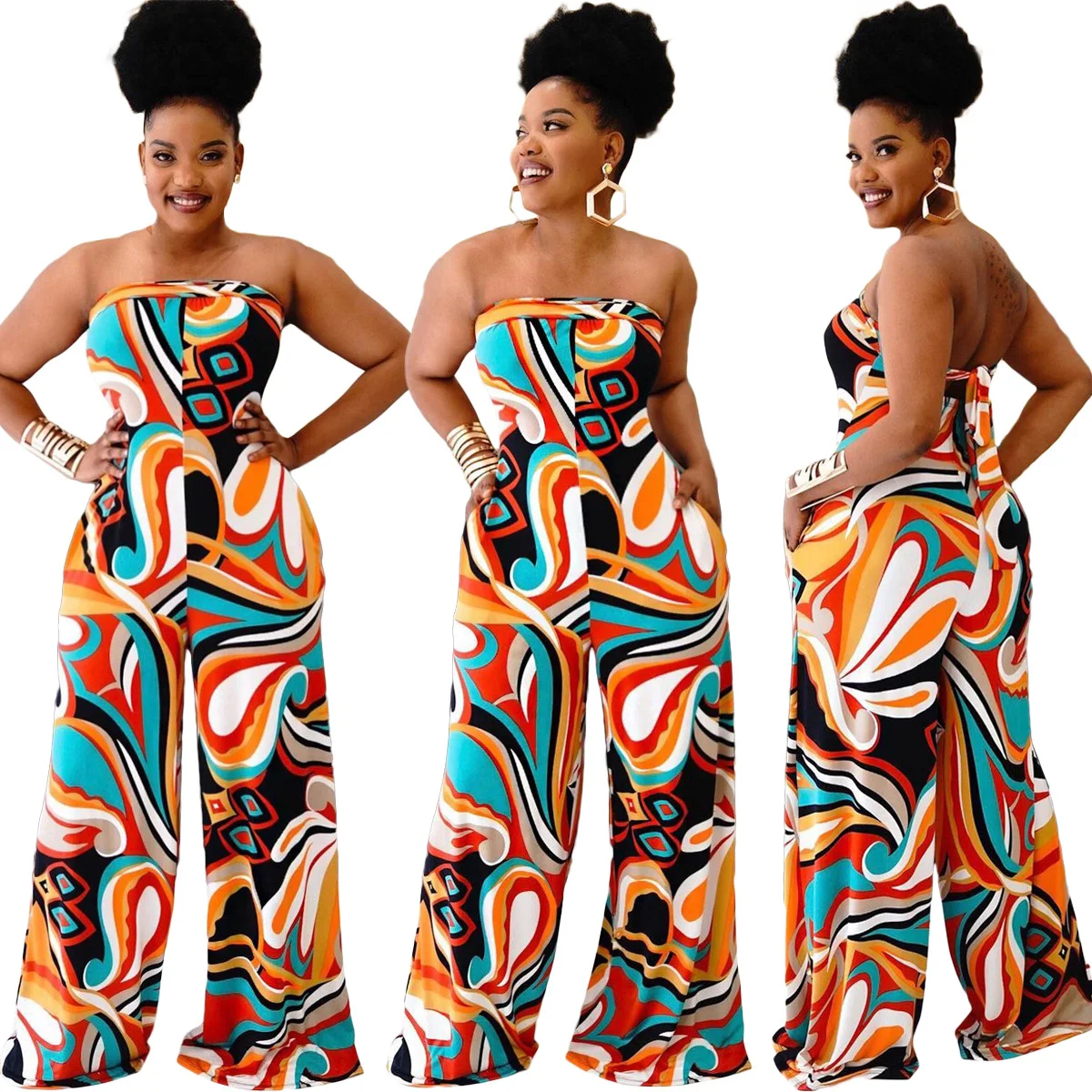 Title 5, Womens Tube Top Halter Printed Jumpsuit Wide-l...