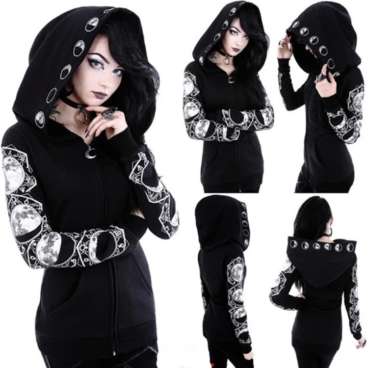 Moletom Punk Preto com Capuz e Estampa de Lua Manga Longa AliExpress WISH Amazon EBAY Estilo Gótico Confortável e Moderno — foto 5