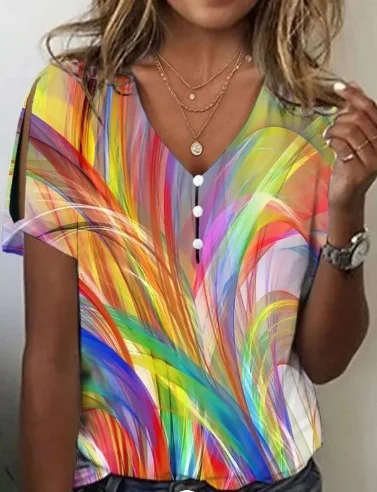 Women's Printed Comfort And Casual V-neck Buttons Short Sleeve — photo 10