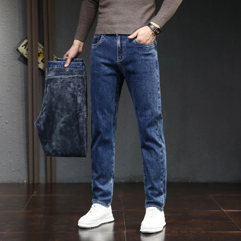 Men's Autumn And Winter Fleece-lined Thick Jeans Warm and Comfortable Denim Trousers Perfect for Cold Weather Durable an — photo 1