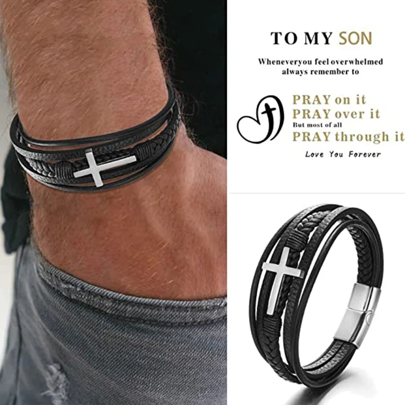 Pulseira masculina de couro trançado artesanal multicamadas, acessório elegante e resistente, perfeita para um visual sofisticado e duradouro. — foto 10