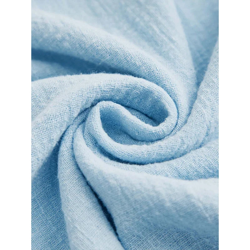 Blauw katoenen linnen T-shirt met V-hals en halve mouw Losvallend dameskleding in grote maten — foto 4