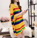 Moletom com capuz listrado arco-íris Harajuku para mulheres, blusa solta para meninas doces, moda pastel rosa, roupas japonesas fofas — foto 6