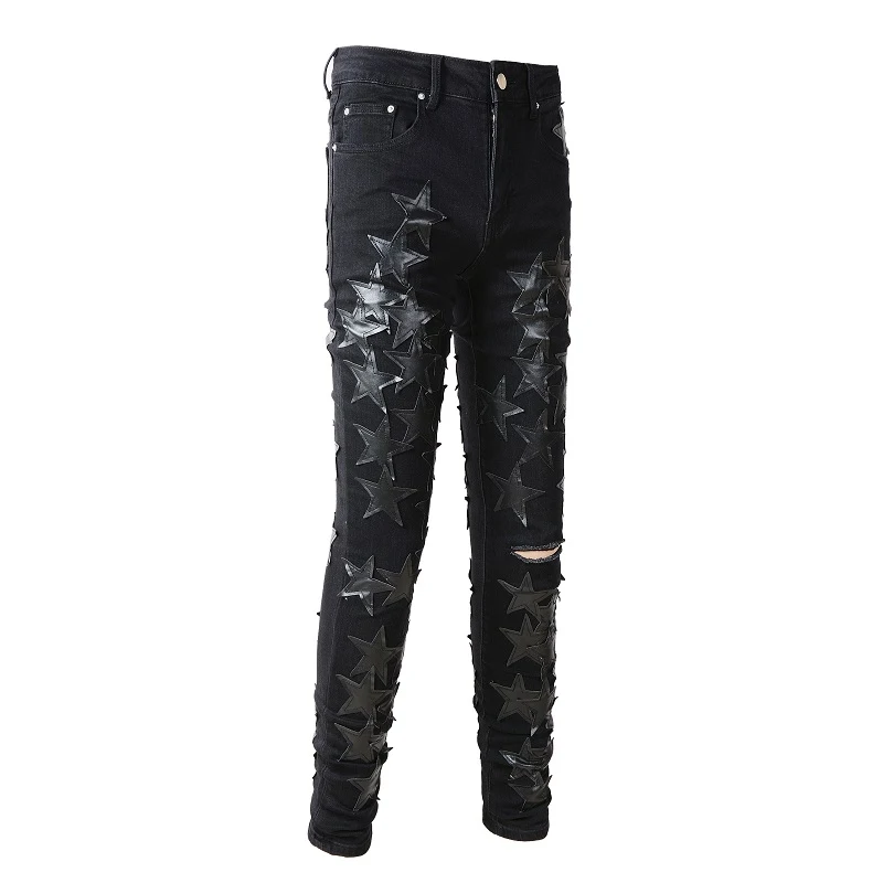 Men's Fashion Stretch Star Patch Ripped Jeans Comfortable Fit Stylish Casual Jeans for Everyday Wear Modern Design Trend — photo 2