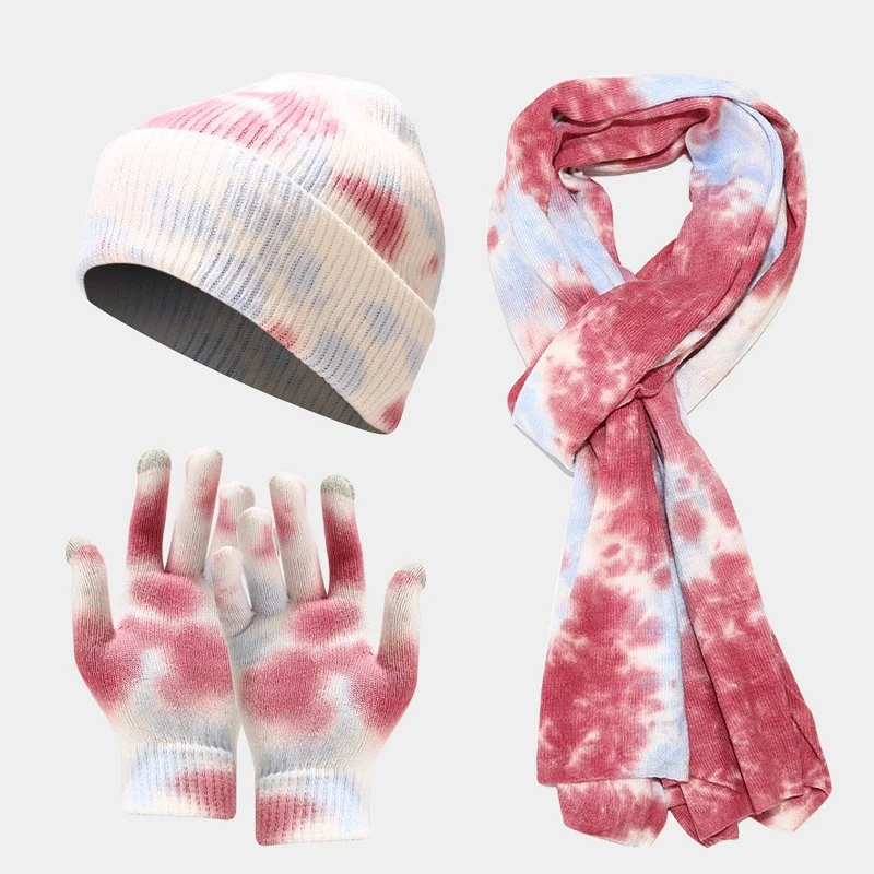 Tie-dye Knitted Hat Gloves Scarf Suit Stay warm and stylish this winter with this comfortable and unique set. Perfect fo — photo 5