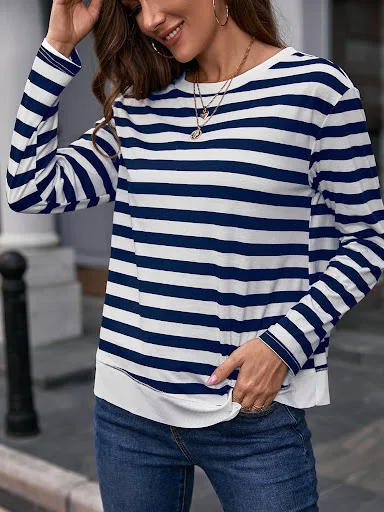 Title 16, Striped Print T-shirt Round Neck Pullover Color...