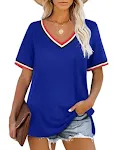 Striped Stitching Color Matching Short Sleeved V Neck T Shirt Women — photo 5