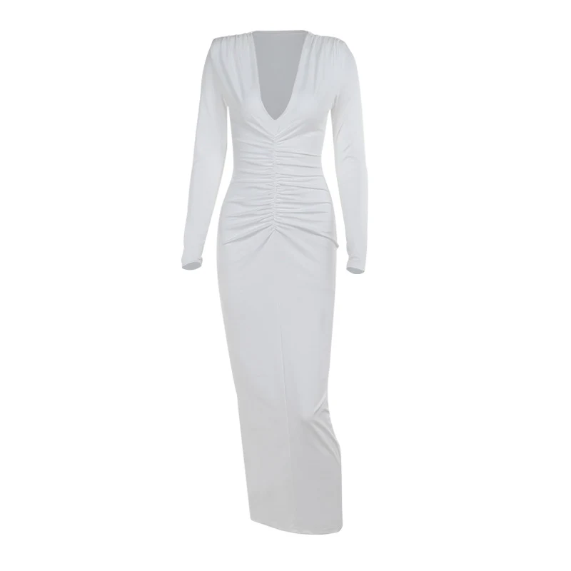 Pleated Deep V-neck Long Sleeve Slim Fit Dress. Offers a flattering silhouette and elegant style, perfect for various oc — photo 1