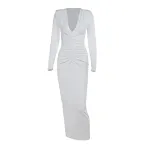 Pleated Deep V-neck Long Sleeve Slim Fit Dress. Offers a flattering silhouette and elegant style, perfect for various oc — photo 1