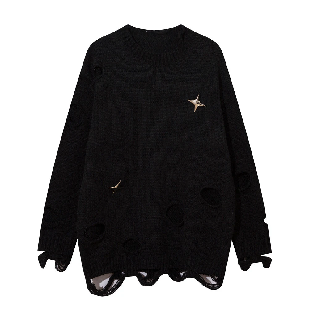 Europees en Amerikaans luie gehaakte ronde hals sweater met scheuren, comfortabel en stijlvol voor een relaxte en trendy look — foto 6