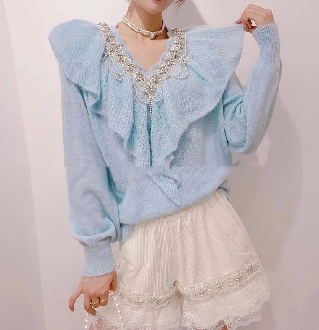 Title 3, Beaded Diamond V-shaped Ruffle Stitching Loose ...