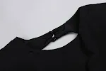 Vestido preto sensual com costas abertas, mangas compridas, detalhe floral vazado e franjas. Perfeito para um look elegante e marcante — foto 3