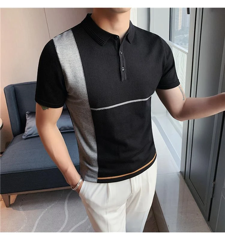 New color-blocking striped slim stretch knit short-sleeved T-shirt offers a comfortable, stylish fit for everyday wear a — photo 3