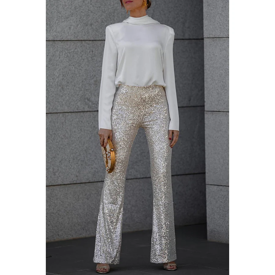 European and American sequin embellished elastic waist slim bell-bottom pants, offering a comfortable and stylish fit fo — photo 6