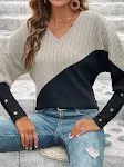 Long Sleeve V-collar Contrast Color Slimming Top — photo 32