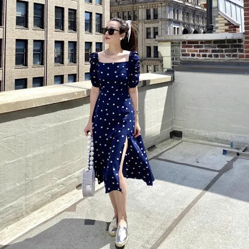 Title 4, French Blue Polka Dots Dress Womens Summer New