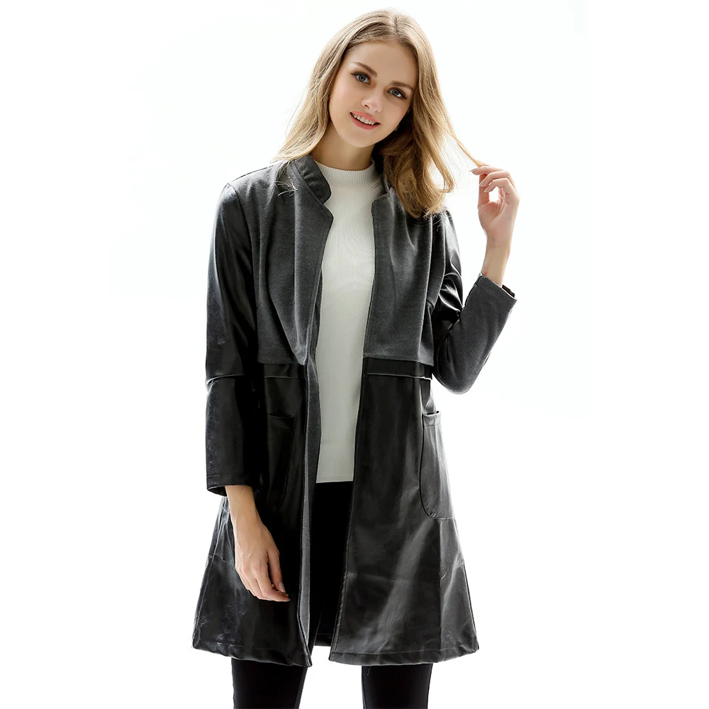 Long Stand Collar Slim Leather Women's Jacket — photo 6