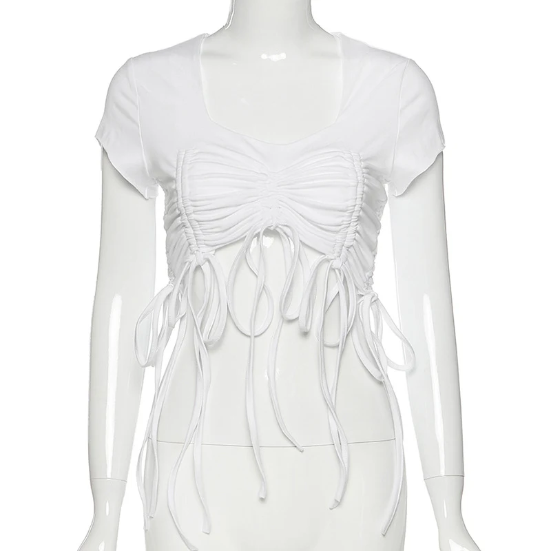 Camiseta plissada slim de cor pura modelo "Net Red Explosion", que modela o corpo, perfeita para um visual elegante e moderno. — foto 3