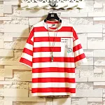 Nova moda masculina listrada em torno do pescoço de manga curta camiseta — foto 3