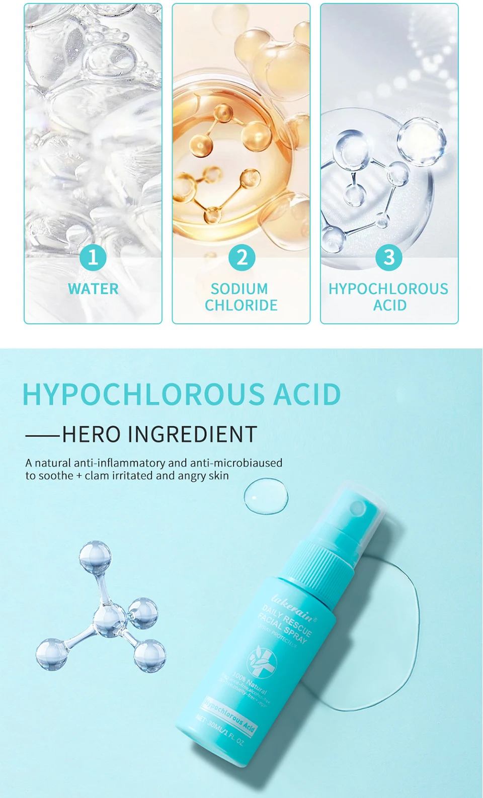 Lakerain Facial First Aid Spray Hipohlorna kiselina za kožu. Umiruje, čisti i štiti. Nežni sprej za lice za osetljivu i iritiranu kožu. — foto 3
