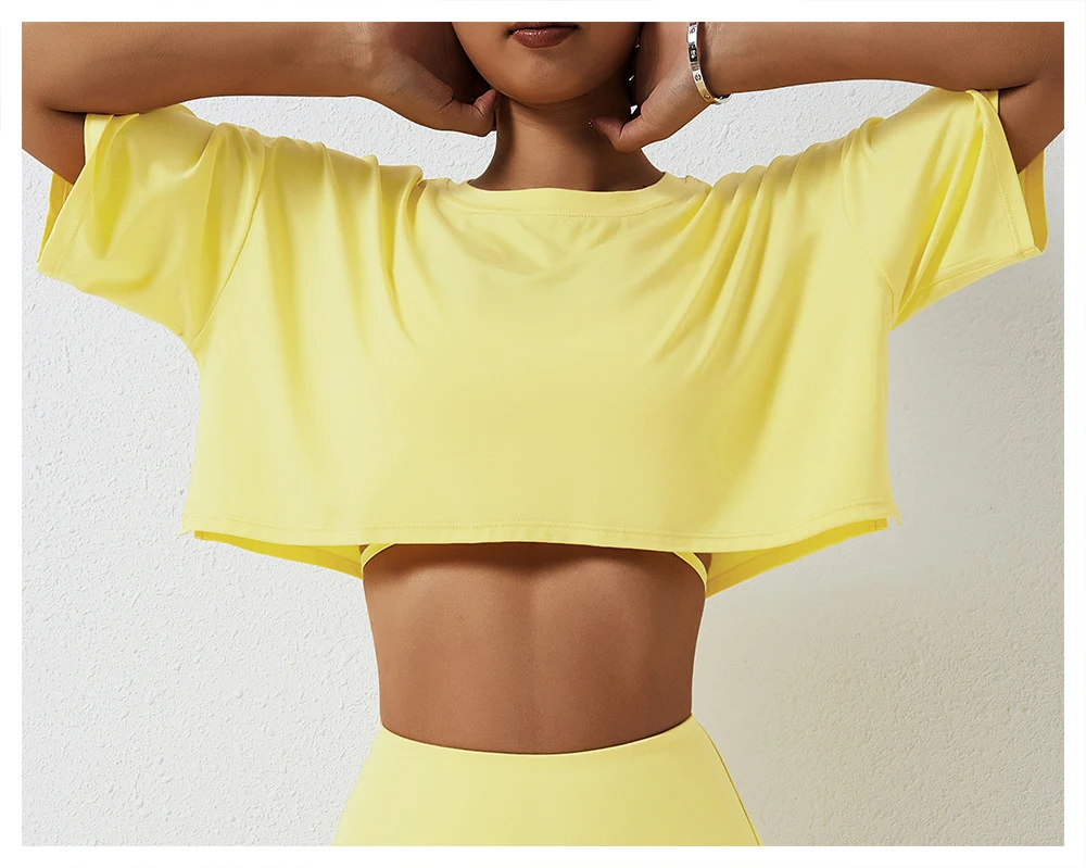 Blusa esportiva de manga curta para mulheres Roupas de yoga ao ar livre Tecido respirável e leve Perfeita para exercícios e atividades físicas. — foto 16