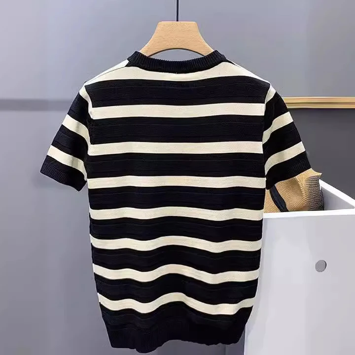Striped Knitted Round Neck Short Sleeve T-Shirt, a comfortable and versatile top perfect for casual wear, lightweight an — photo 3