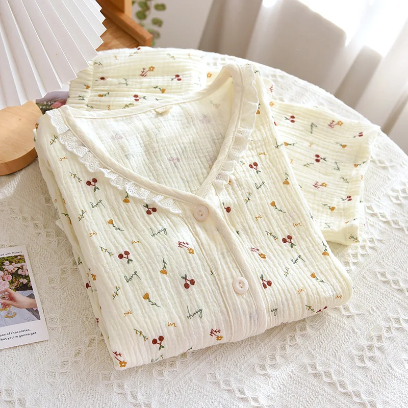 Conjunto de roupa para casa de gaze de algodão lavado, dupla camada, manga longa, decote em V, crepe macio, perfeito para conforto e relaxamento. — foto 14