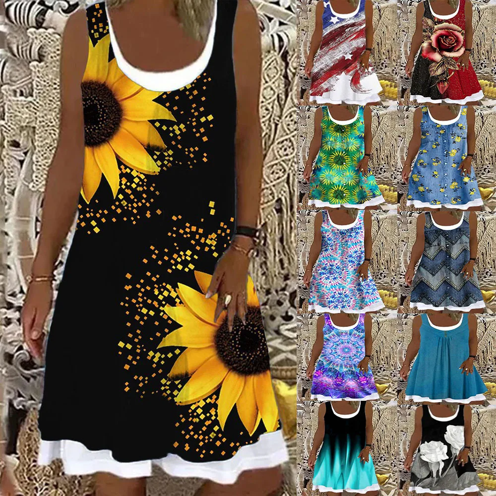 Women's Printed Patchwork Round Neck Sleeveless Pleating Dress perfect for summer. Lightweight, stylish, and comfortable — photo 1