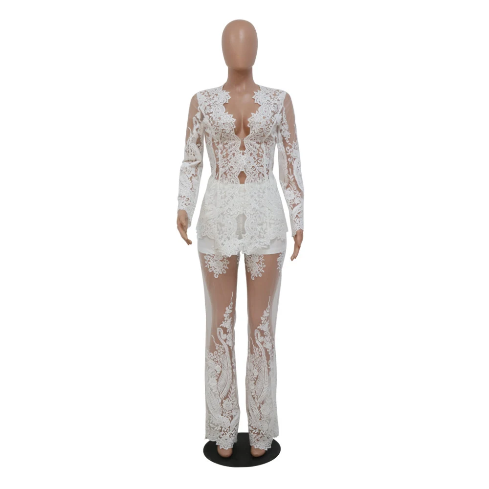 Cárdigan sexy transparente con bordado, manga larga y chaqueta. Traje con pantalones de pierna ancha. Elegancia y estilo audaz. — foto 5