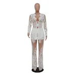 Cárdigan sexy transparente con bordado, manga larga y chaqueta. Traje con pantalones de pierna ancha. Elegancia y estilo audaz. — foto 5
