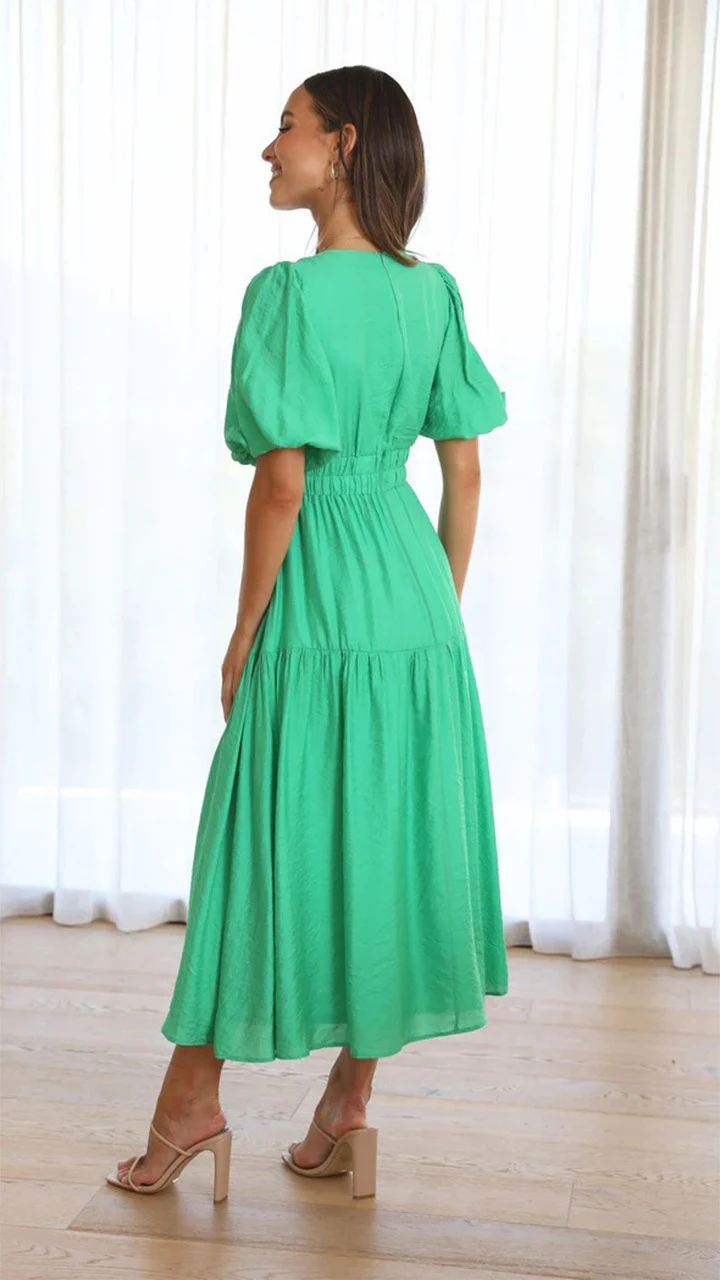 V-neck waist-tight mid-length dress. This dress offers a flattering fit, enhancing your figure and providing elegant sty — photo 13