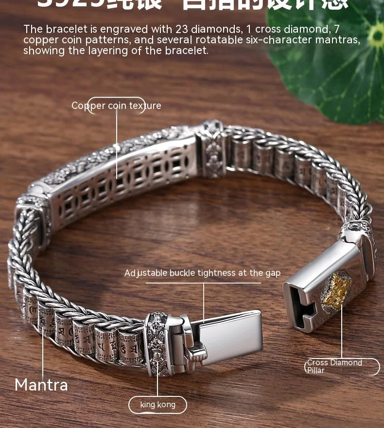 Bracelet Vajra en Argent Sterling S925 avec Mantra à Six Mots – Protection et Sérénité, Bijou Bouddhiste Spirituel — photo 5