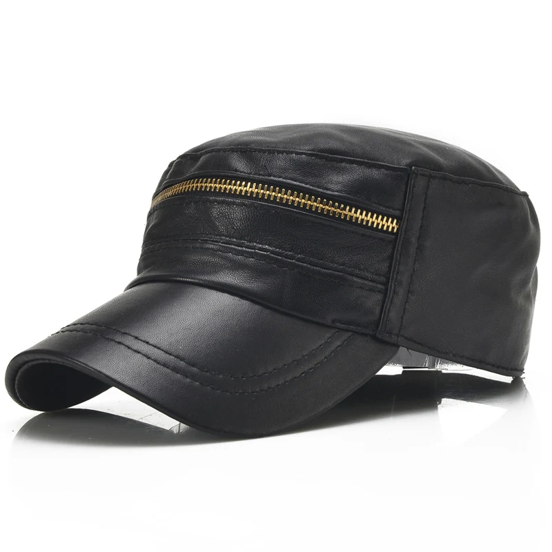Dunne leren casual flat top hoed voor winkelen. Lichtgewicht en comfortabel voor een stijlvolle en relaxte look tijdens het winkelen en uitjes. — foto 5