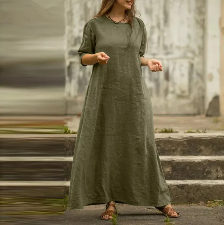 Title 6, Cotton and linen temperament pure color dress f...