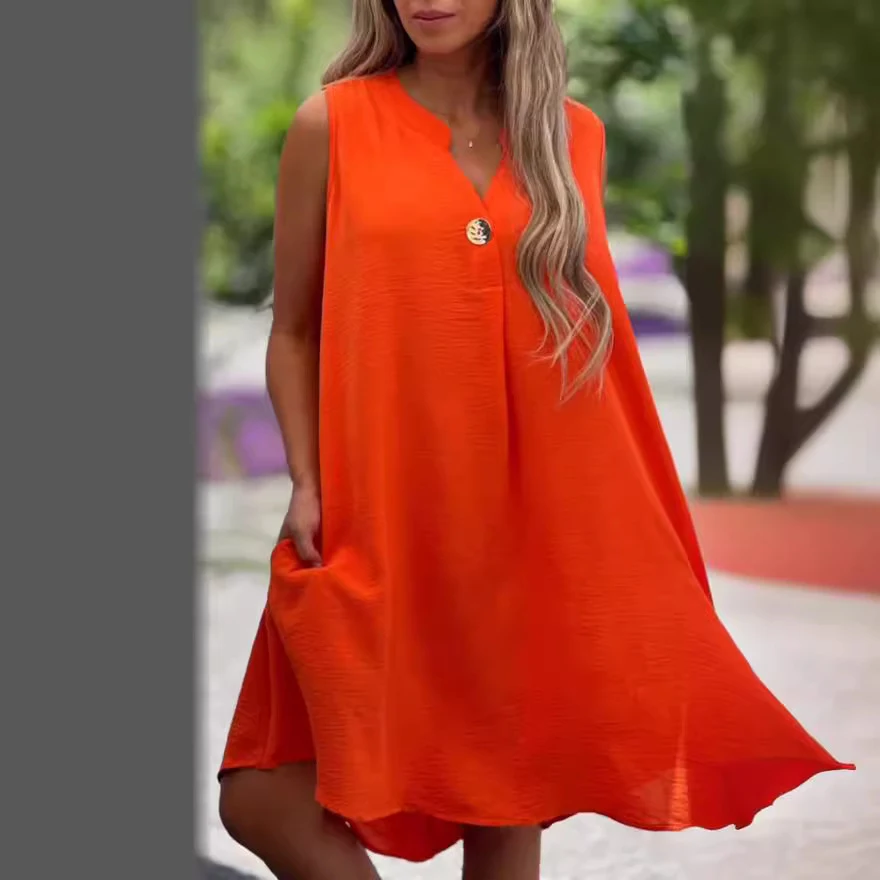 Summer V-neck Sleeveless Dress With Button Decoration Solid Color Casual Loose Straight Dresses Womens Clothing — photo 5