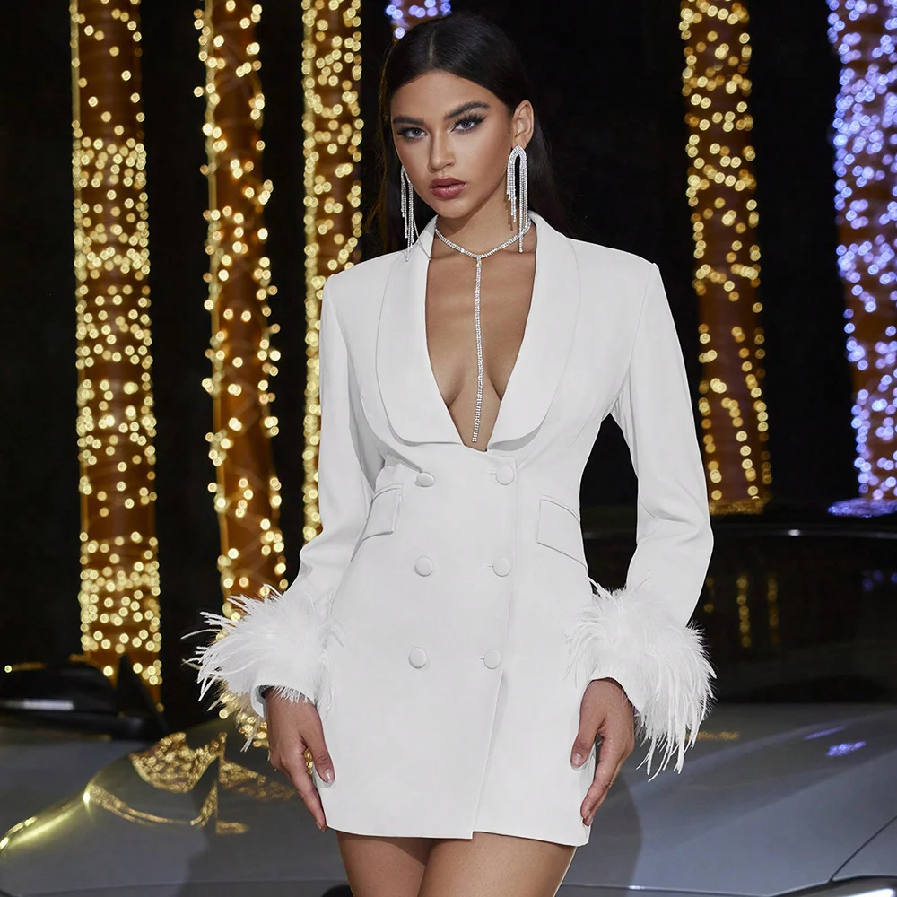 Saia de terno slim branco com costura de penas da moda em V profundo — foto 4