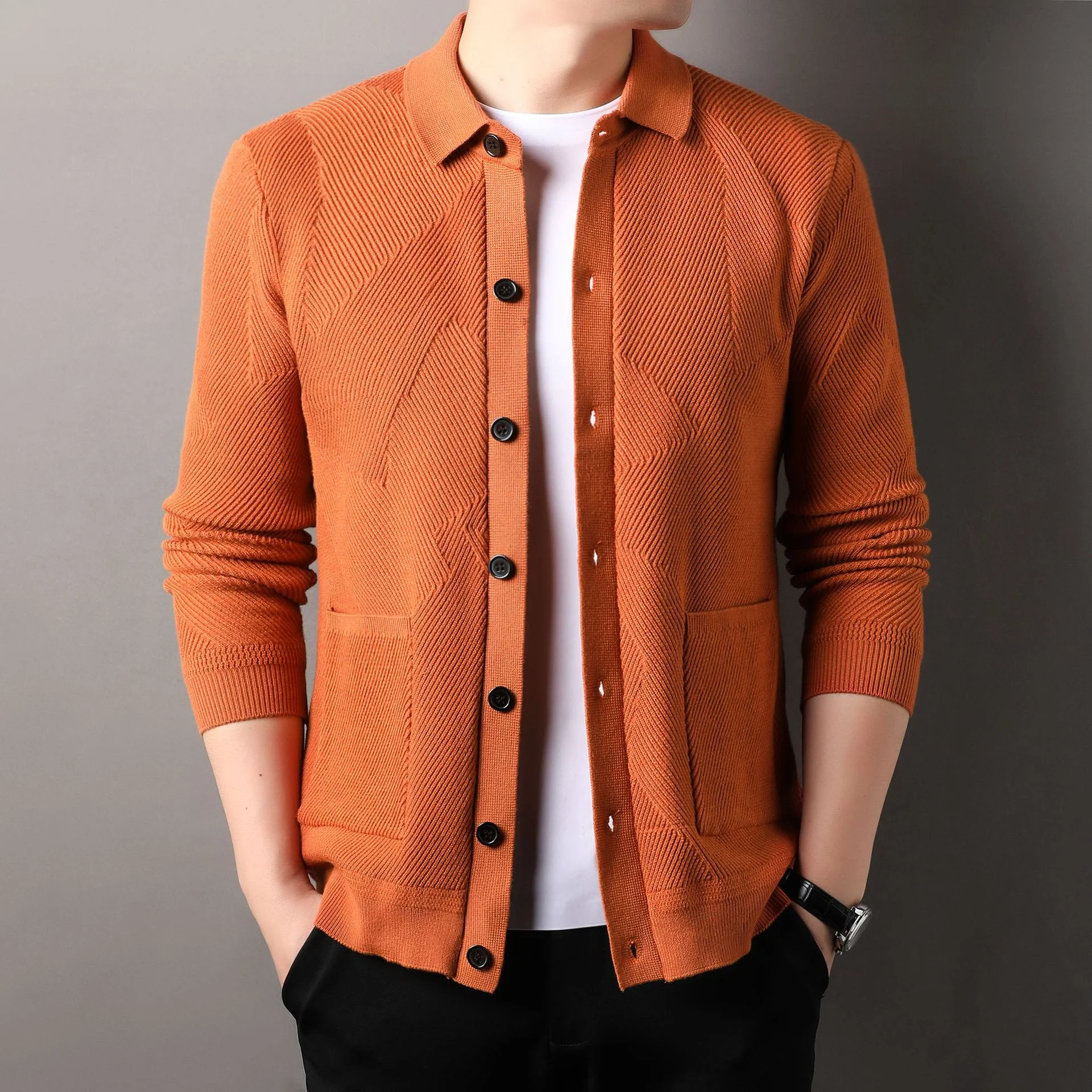 Men's Knitted Sweater Cardigan with Lapel, Fashionable. A warm and stylish knitted sweater, perfect for layering and ver — photo 7