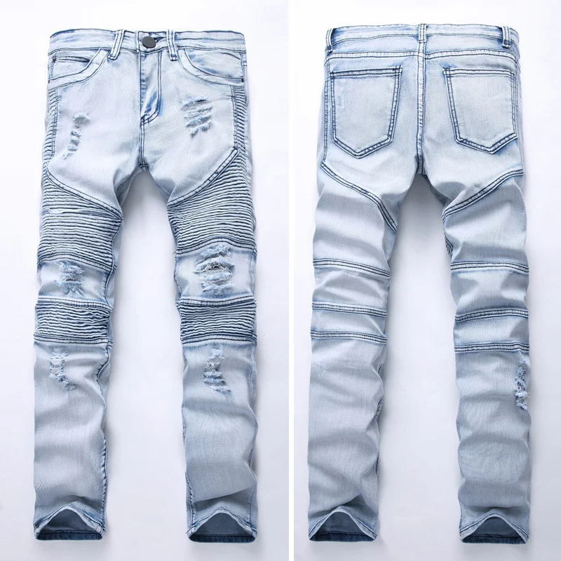 Ripped Motorcycle Jeans for Men, Slim Fit, European and American Style, Stretch Fabric, Pleated Feet Pants for Comfortab — photo 8