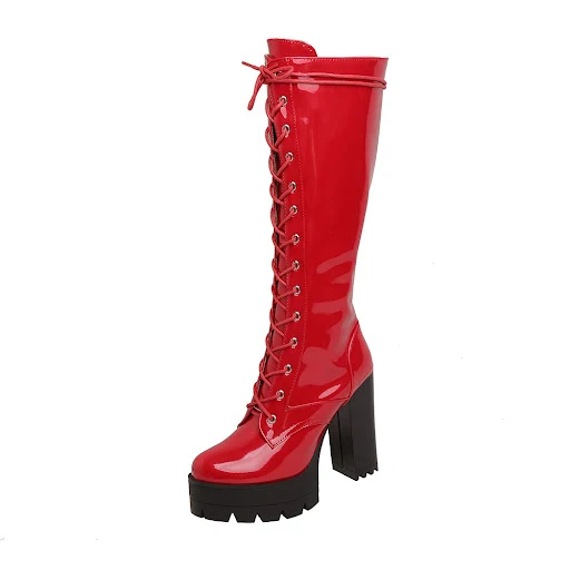 Title 16, Large size lacquered front lace-up thick heel b...