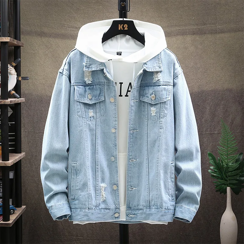 Jaqueta Jeans Masculina Simples Clássica Rasgada, perfeita para um visual casual e moderno com conforto e estilo atemporal. — foto 5
