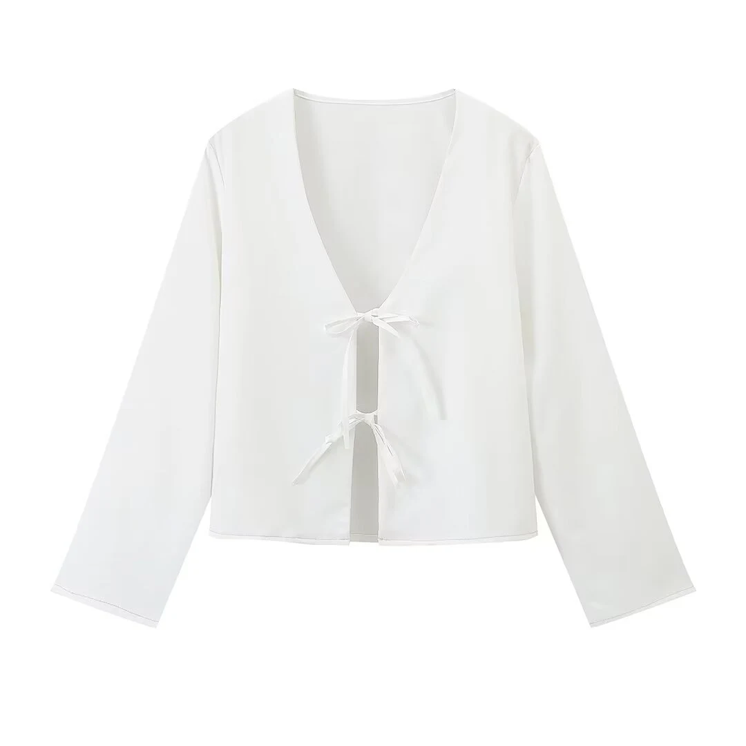 Women's Deep V Bell Sleeve Tied Top, offering a flattering silhouette and stylish look. Perfect for creating both casual — photo 1