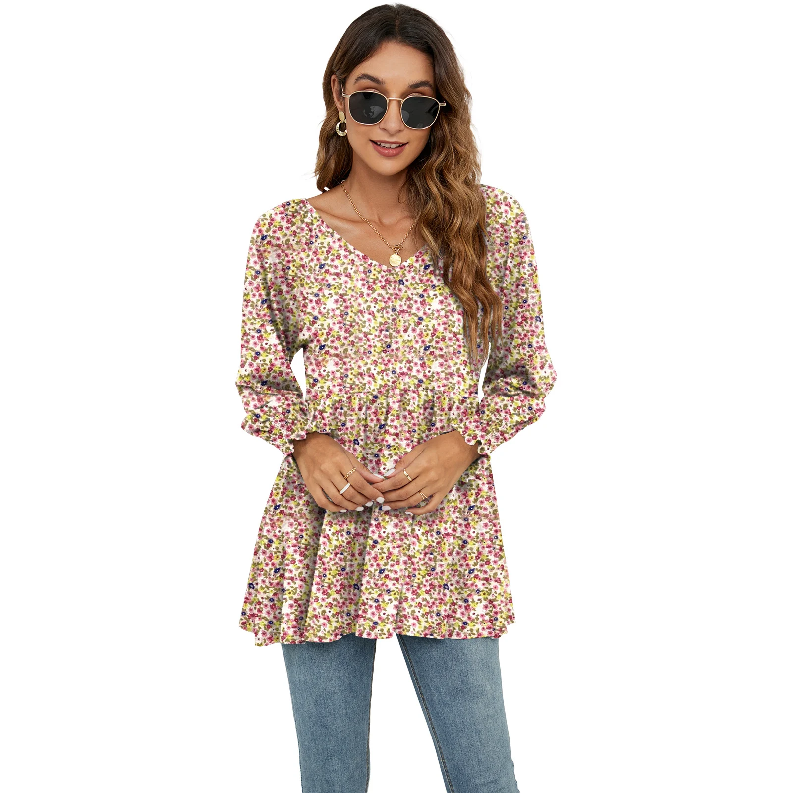 Women's Fashion Casual Printing Bubble Long Sleeve Waist Top — photo 1