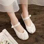 Sapatos femininos de tecido bordado estilo antigo com elevação invisível, bico redondo e plataforma plana, para conforto e elegância. — foto 7